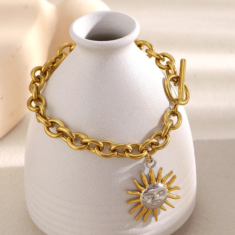 E.B.belle Double Color OT Buckle Sun Pendant Bracelet Necklace Drop Earrings 316L Stainless Steel Gold Plated Unique Jewelry Set