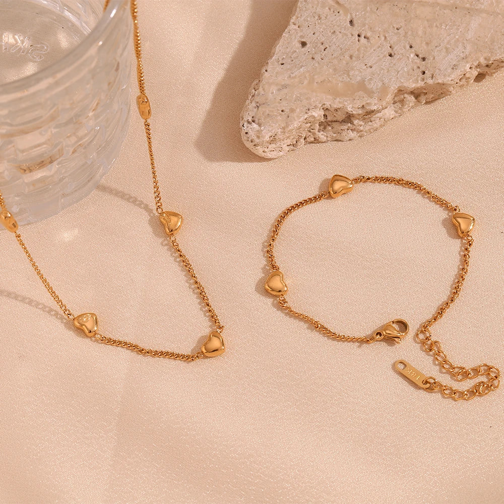 E.B.belle Heart Chain Bracelet Necklace Simple Stainless Steel Women's Hand Bracelets Sweet Style 18K Gold Plated Jewelry Set