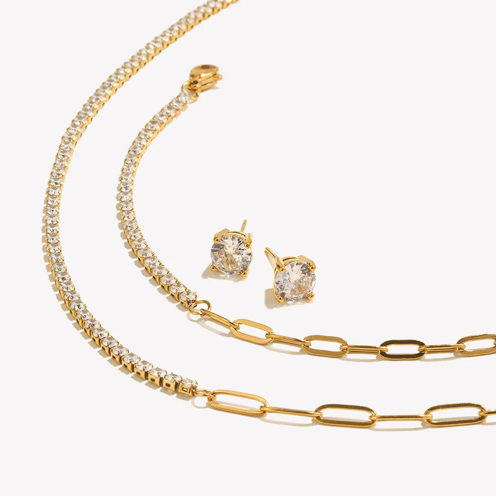 E.B.belle Zircon Chain Splicing Paper Clip Bracelet 18K Gold Plated Women's Earrings 316L Stainless Steel Accessories