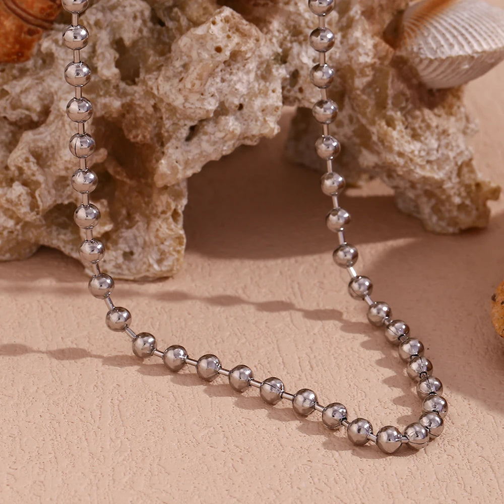 Simple Beads Chain Necklace Hypoallergenic Tarnish Free 18K Gold Plated Jewelry Silver Color 316L Stainless Steel Basic Jewelry