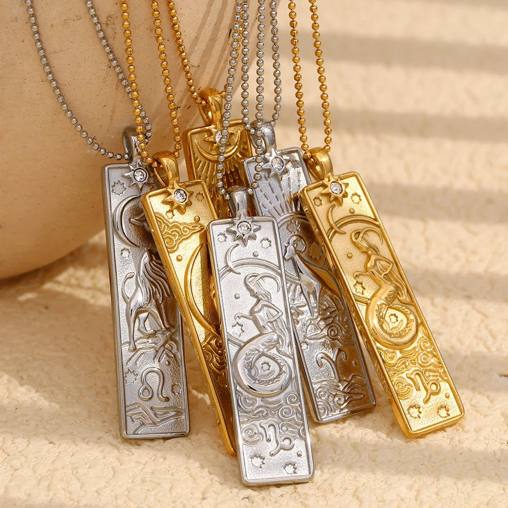 E.B.belle 18k Gold Plated Rectangle Shape 12 Constellation Pendant Necklace Stainless Steel Waterproof Fashion Women's Jewelry