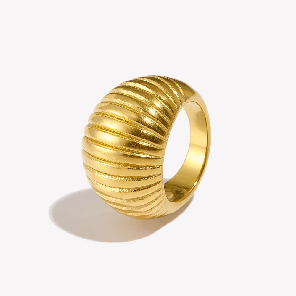 E.B.belle Minimalist Style Fat Bread Stripe Ring 18K Gold Plated Stainless Steel Party Women Fashion Jewelry