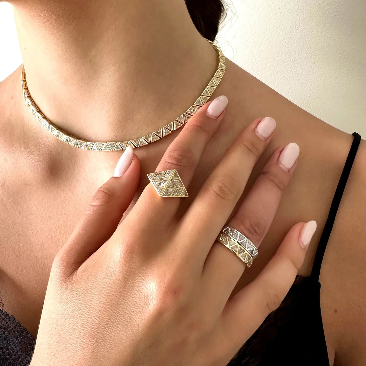 925 Sterling Silver Triangle Zirconia Band Ring – 18K Gold Plated