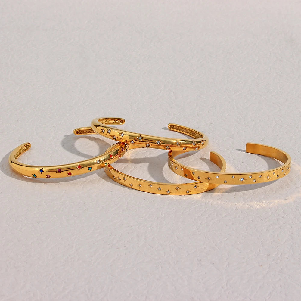 E.B.belle Wholesale Stainless Steel 18K Gold Plated Cuff Bangles For Women Minimalist  Fashion Jewelry Crystal Star Bracelet