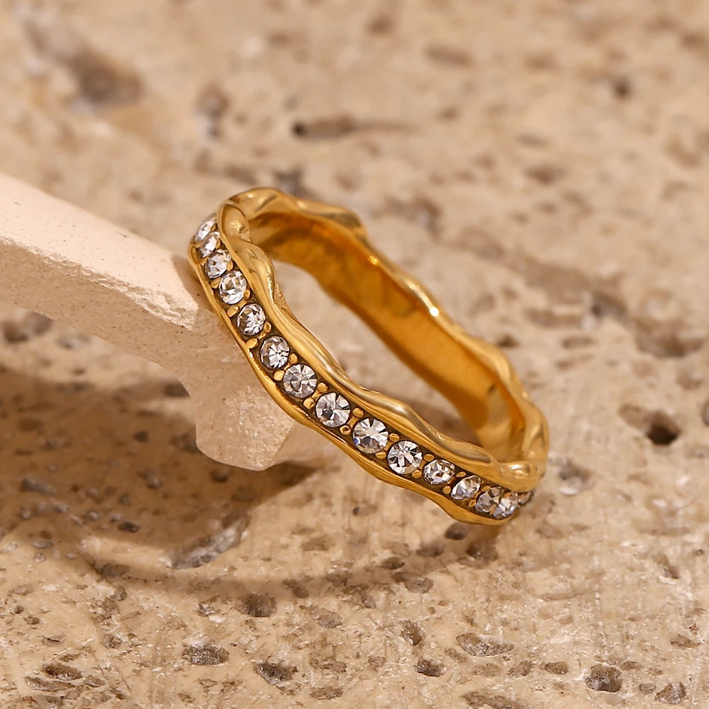 E.B.belle Rhinestone Eight Awn Star Wave Shape Ring  Stainless Steel 18k Gold Plated Exquisite Women Jewelry For Party Dating
