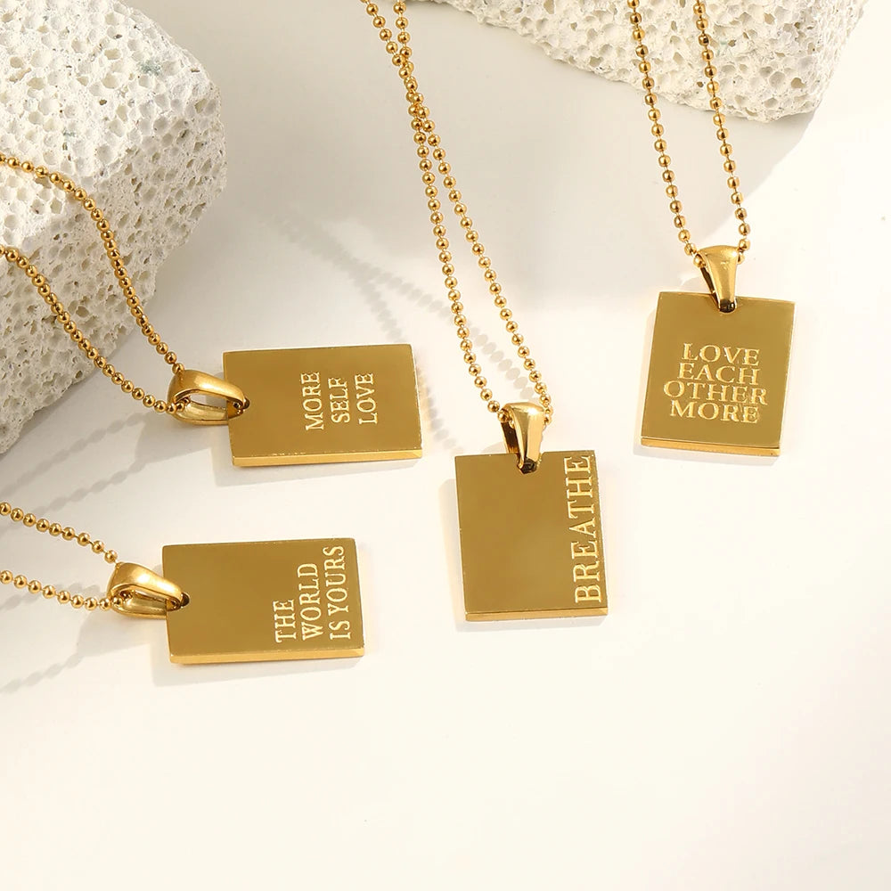E.B.belle Stylish Hip Hop Personal Engraved Letter Square Pendant Necklace Beads Chain Stainless Steel Gold Color Necklace