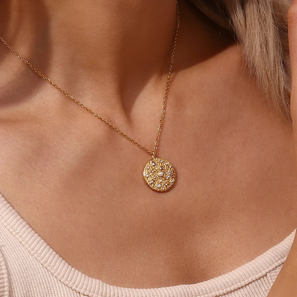E.B.belle Design Elegant Pearl Crystal Moon Star Necklace Vintage Irregualr Surface Stainless Steel Coin Necklace For Women