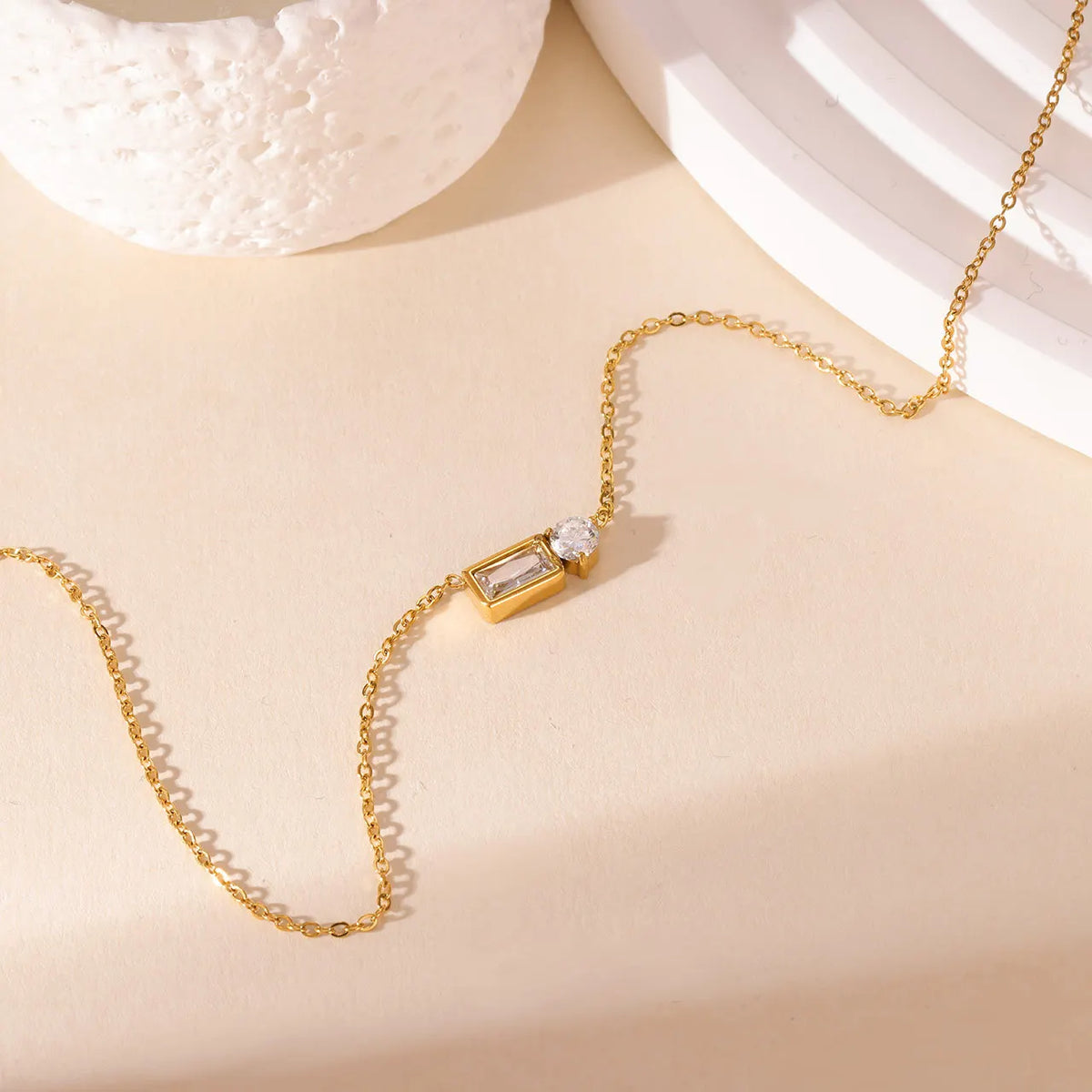 Baguette & Round CZ Pendant Necklace – Stainless Steel