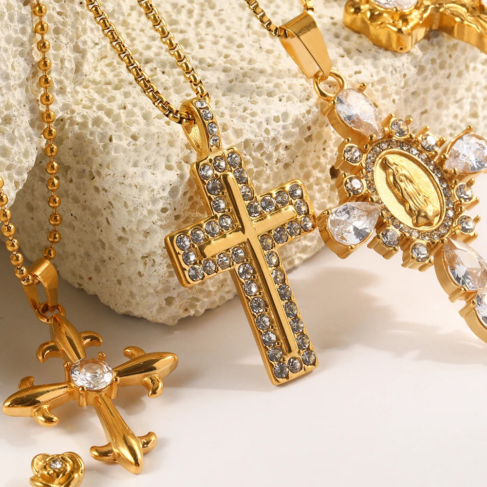 E.B.belle Fashion Style Luxury Clear Zircon Cross Series  Pendant Necklace 18K Gold Plated Stainless Steel Party Women Jewelry