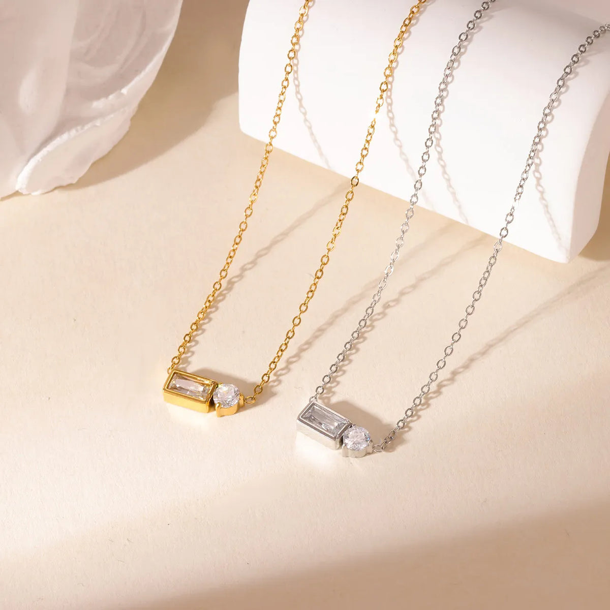 Baguette & Round CZ Pendant Necklace – Stainless Steel