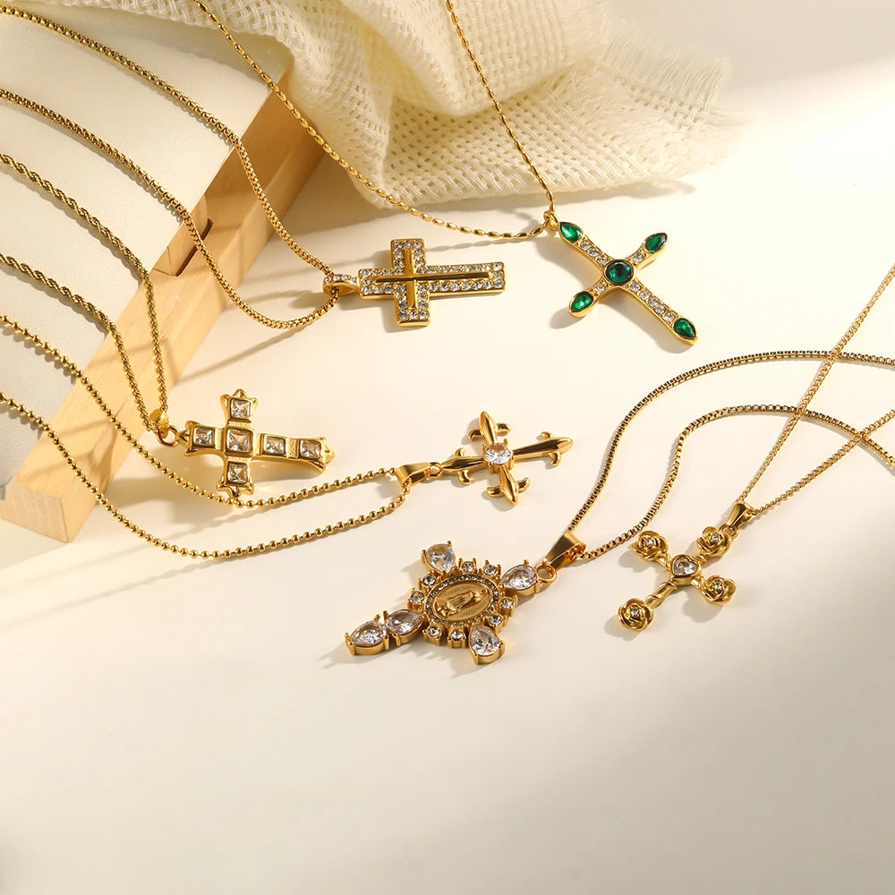E.B.belle Fashion Style Luxury Clear Zircon Cross Series  Pendant Necklace 18K Gold Plated Stainless Steel Party Women Jewelry