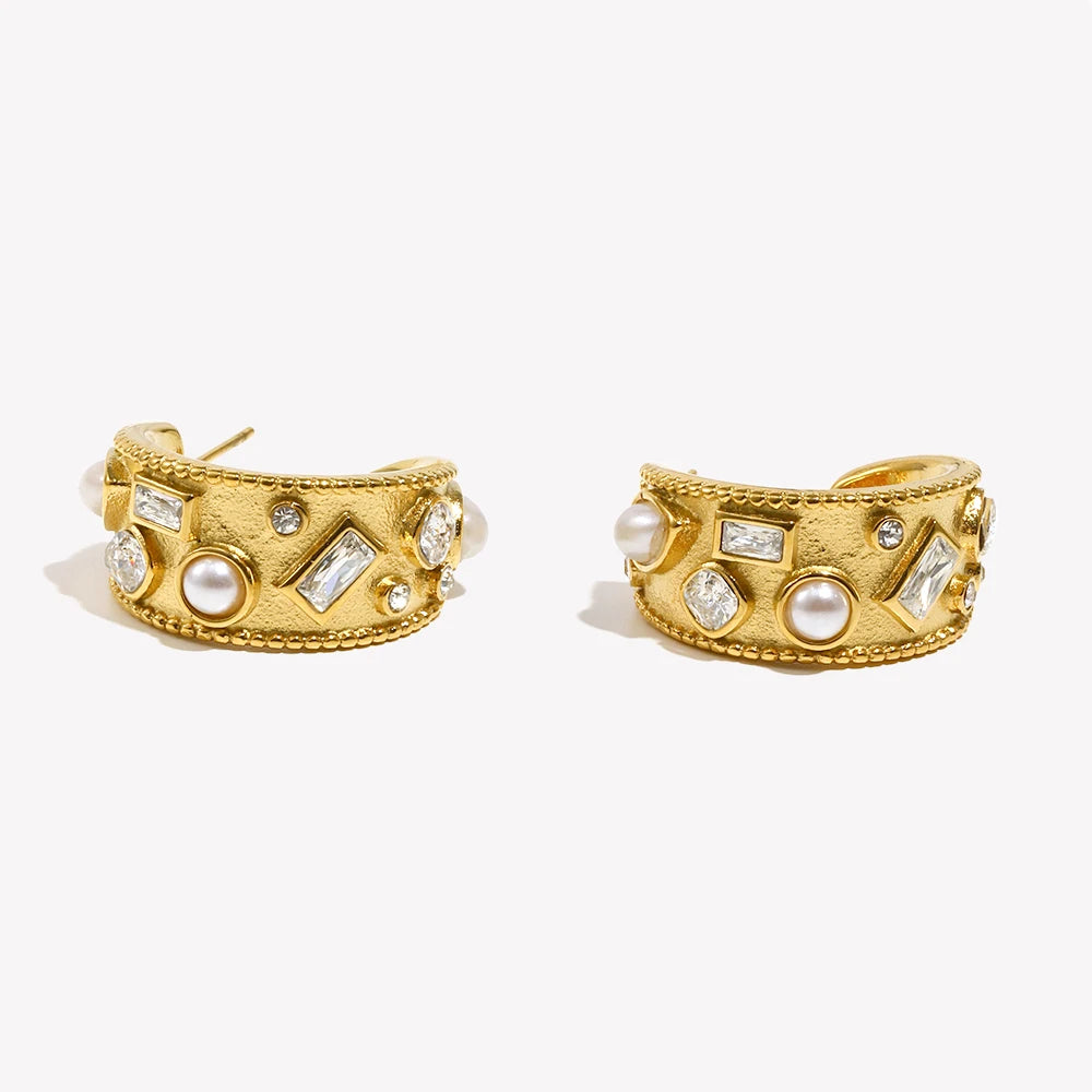 C-shaped Hoop Earrings with Pearl Geometric Rhinestone Silver Color 316L Stainless Steel Accessories 18K Gold Plated Jewelry