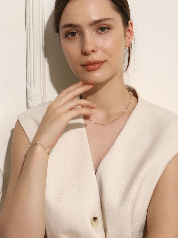 E.B.belle Anti-allergy Stainless Steel Chain Freshwater Pearl Chain Necklace Bracelets For Women Gold Plated Jewelry Set