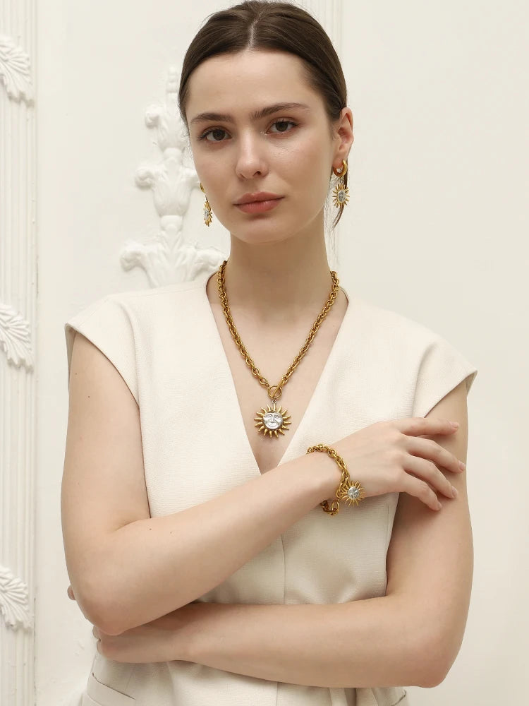 E.B.belle Double Color OT Buckle Sun Pendant Bracelet Necklace Drop Earrings 316L Stainless Steel Gold Plated Unique Jewelry Set