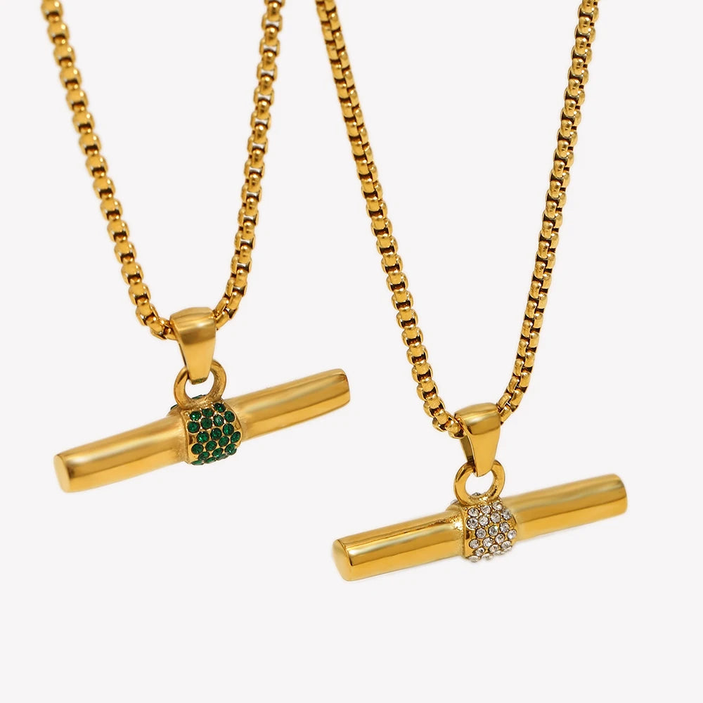 Green Crystal Color Rhinestone T Bar Pendant Square Pearl Chain Stainless Steel Gold Plated Necklace Wholesale Christmas Jewelry