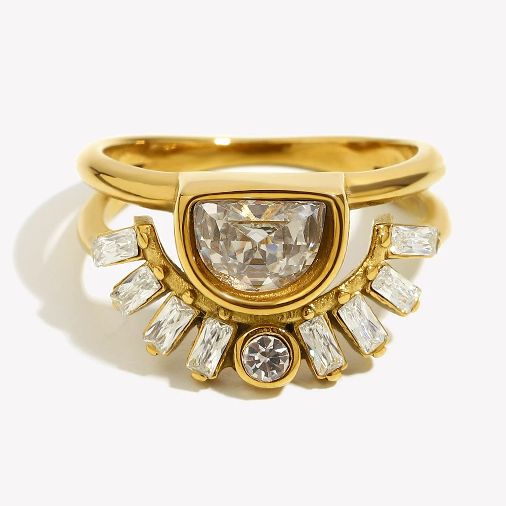 E.B.belle Stainless Steel Rhinestone Jewelry Elegant Sun Layer Shaped Ring  Tarnish Free For Women's Gift Party