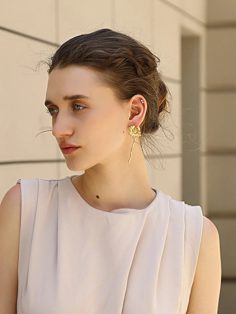 E.B.belle PVD Plated Unique A Flower Stud Earrings Vintage Style Stainless Steel Women Party Wedding Waterproof Ear Jewelry
