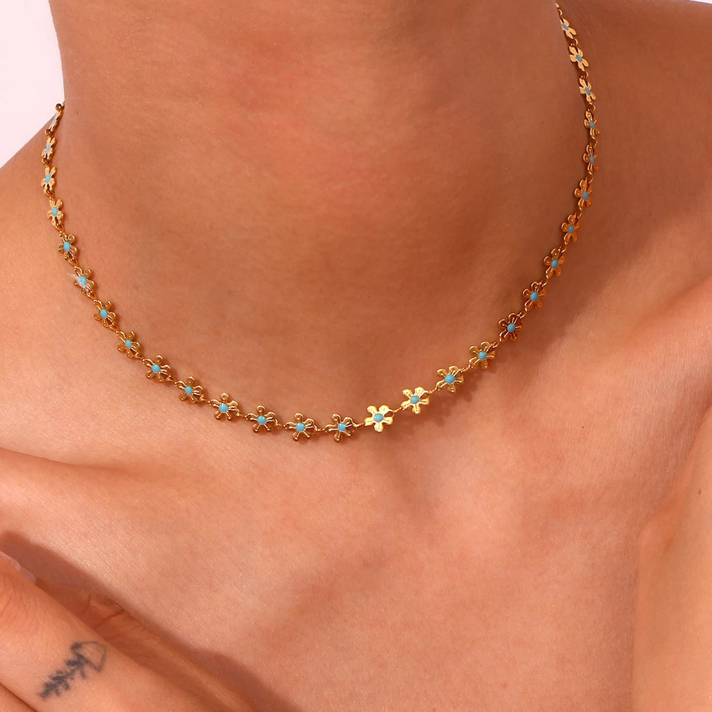 Handmade Y2K Accessories For Girl Enamel Blue Small Flower Chain Choker Necklace Bracelet Women Stainless Steek Jewelry Set