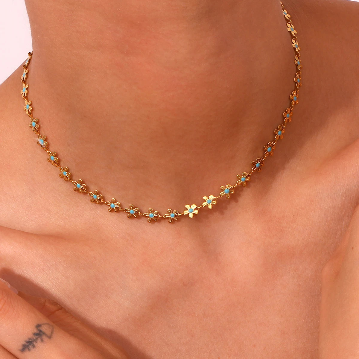 Handmade Y2K Accessories For Girl Enamel Blue Small Flower Chain Choker Necklace Bracelet Women Stainless Steek Jewelry Set