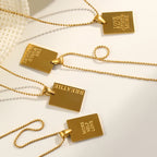 E.B.belle Stylish Hip Hop Personal Engraved Letter Square Pendant Necklace Beads Chain Stainless Steel Gold Color Necklace