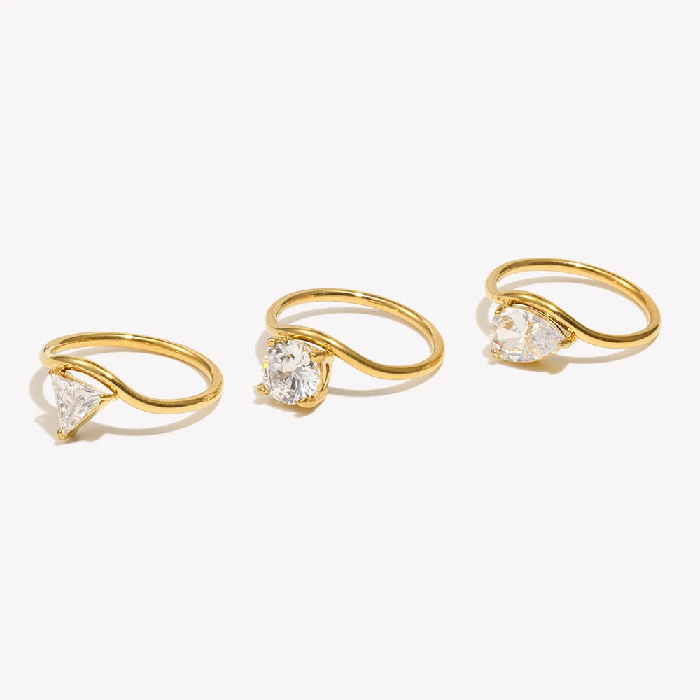 E.B.belle Wave Drop Round Zircon Ring Waterproof Minimalist 316L Stainless Steel Women's Rings 18K Gold Plated Accessories