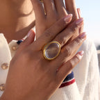 Uworld Klassischer Eiförmiger Transparenter Harzring Für Frauen 18K PVD Vergoldeter Edelstahlring Party Exquisiter Schmuck