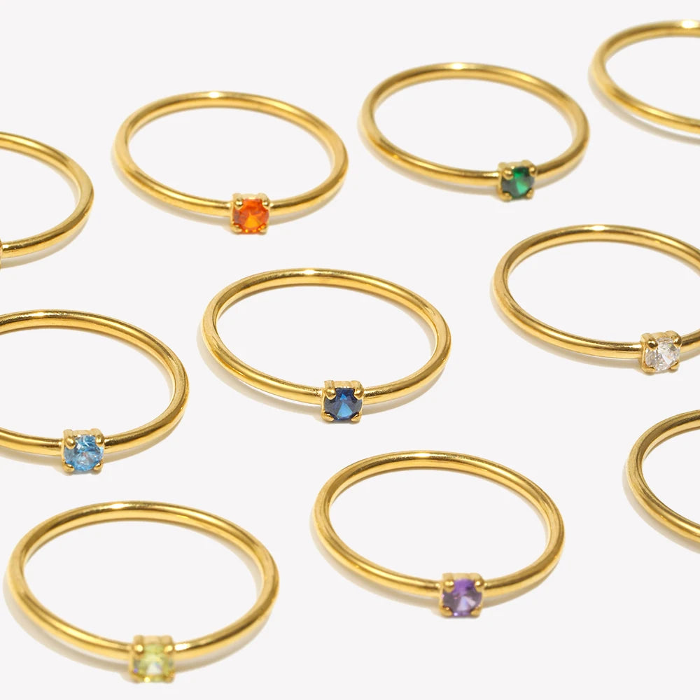 E.B.belle 12 Months Constellation CZ Birthstone Rings For Woman Gold Plated Stainless Steel Zodiac Birthday Gift Ring Jewelry