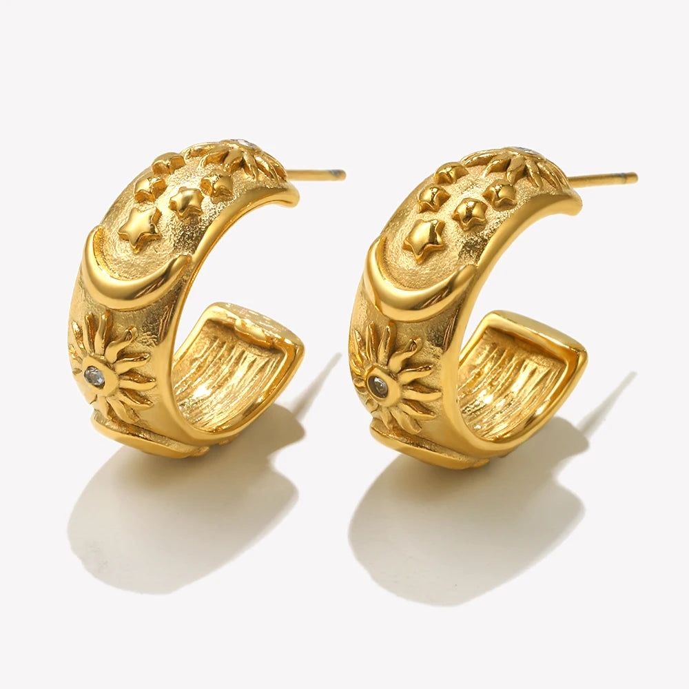 E.B.belle Thick Embossed Moon Sun Star Pattern Chunky Hoop Earrings For Female Women Statement Earring Stainless Steel Jewelry