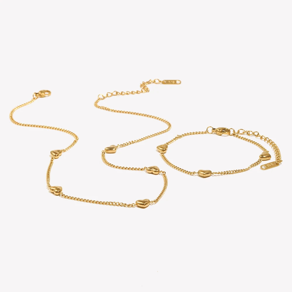 E.B.belle Heart Chain Bracelet Necklace Simple Stainless Steel Women's Hand Bracelets Sweet Style 18K Gold Plated Jewelry Set