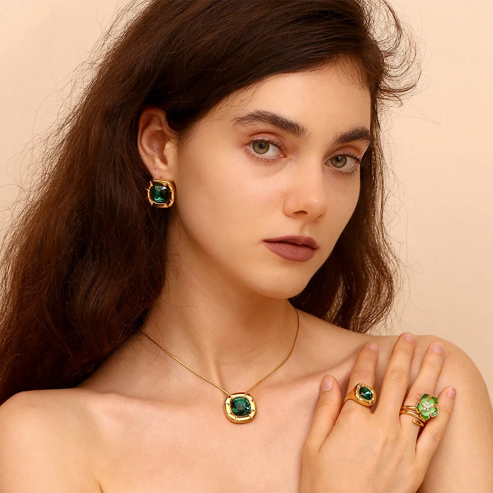 E.B.belle Round Square Flower Zircon Earrings Necklace Ring Tarnish Free Stainless Steel Women's Ring 18K Gold Plated Jewelry