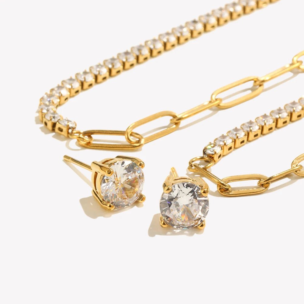 E.B.belle Zircon Chain Splicing Paper Clip Bracelet 18K Gold Plated Women's Earrings 316L Stainless Steel Accessories