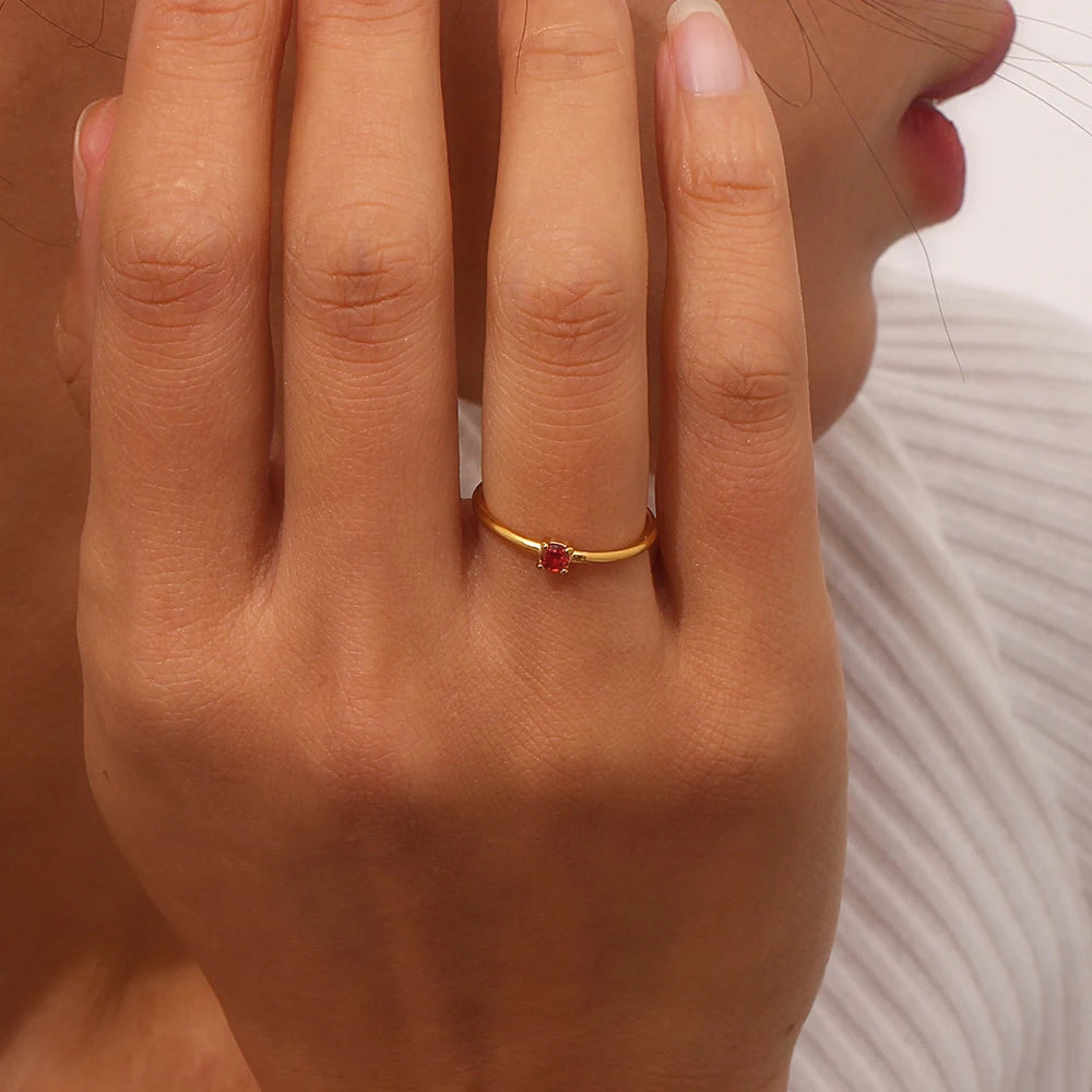 E.B.belle 12 Months Constellation CZ Birthstone Rings For Woman Gold Plated Stainless Steel Zodiac Birthday Gift Ring Jewelry