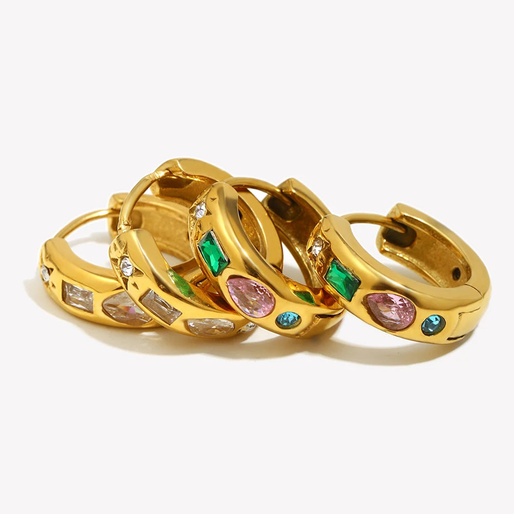E.B.belle Colorful Zircon Hoop Earrings Tarnish Free 18K Gold Plated Earrings for Women 316L Stainless Steel Jewelry