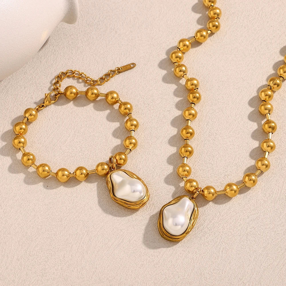 E.B.belle 18K Gold Plated Irregular Pearl Pendant Jewelry Set Stainless Steel Baroque Style Party Women Bracelet Necklace
