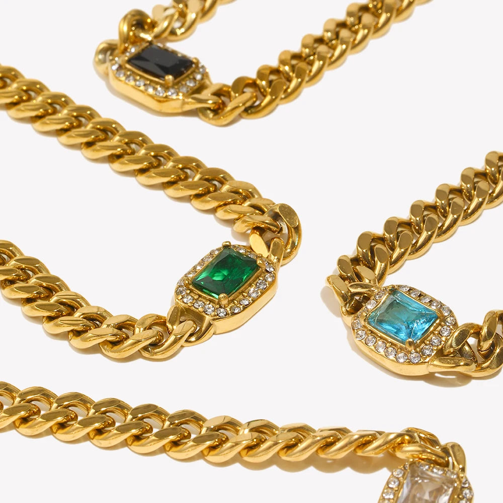 E.B.belle Cubic Zirconia Chunky Cuban Chain Choker Necklace Bracelet Jewelry Set For Women Vintage Stainless Steel Accessories