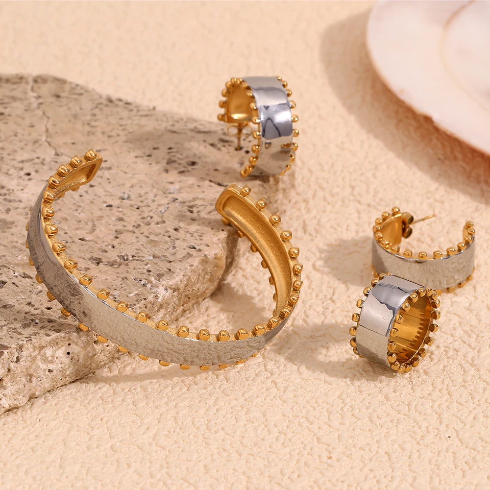 E.B.belle Double Color Beads Edge Glossy Bracelet Earring Ring Women Jewelry Set Stainless Steel 18k Gold Plated Waterproof
