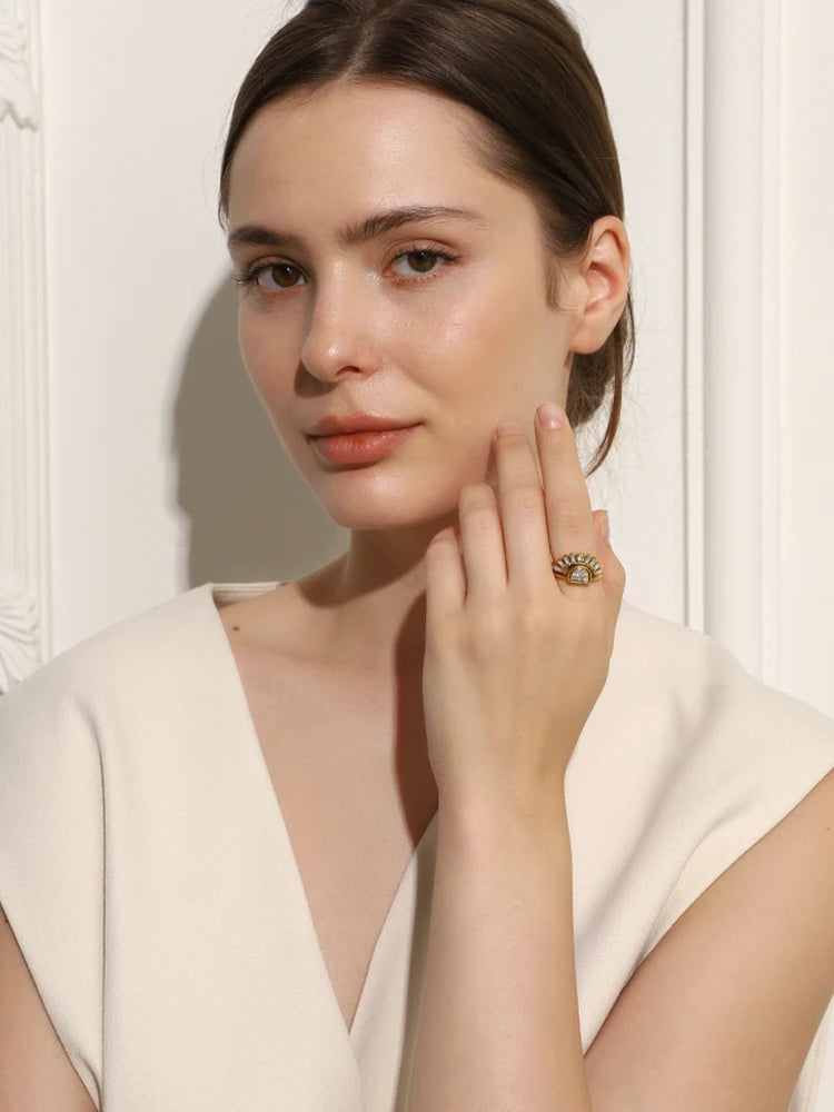 E.B.belle Stainless Steel Rhinestone Jewelry Elegant Sun Layer Shaped Ring  Tarnish Free For Women's Gift Party
