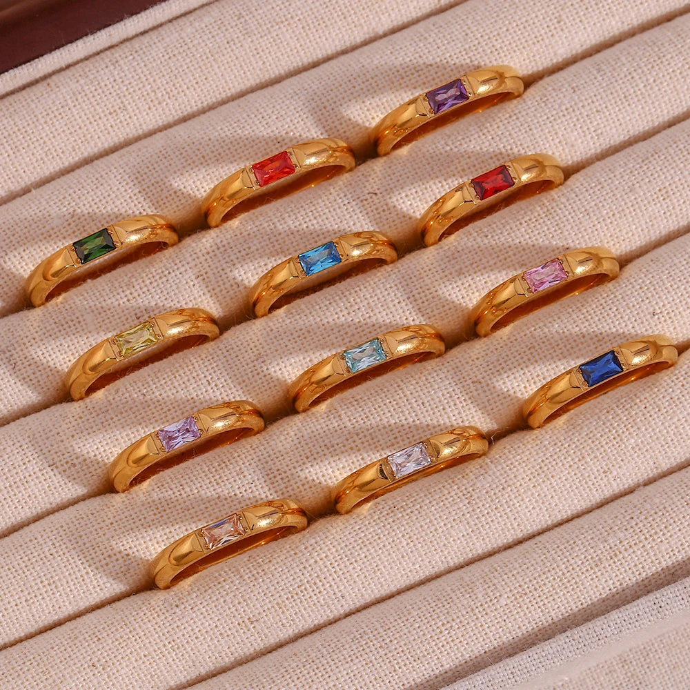 E.B.belle 18K Gold Plated Shiny 12 Colors Birthstone Ring Stainless Steel Gold Plated Zircon Rings Zodiac ConstellationFor Women
