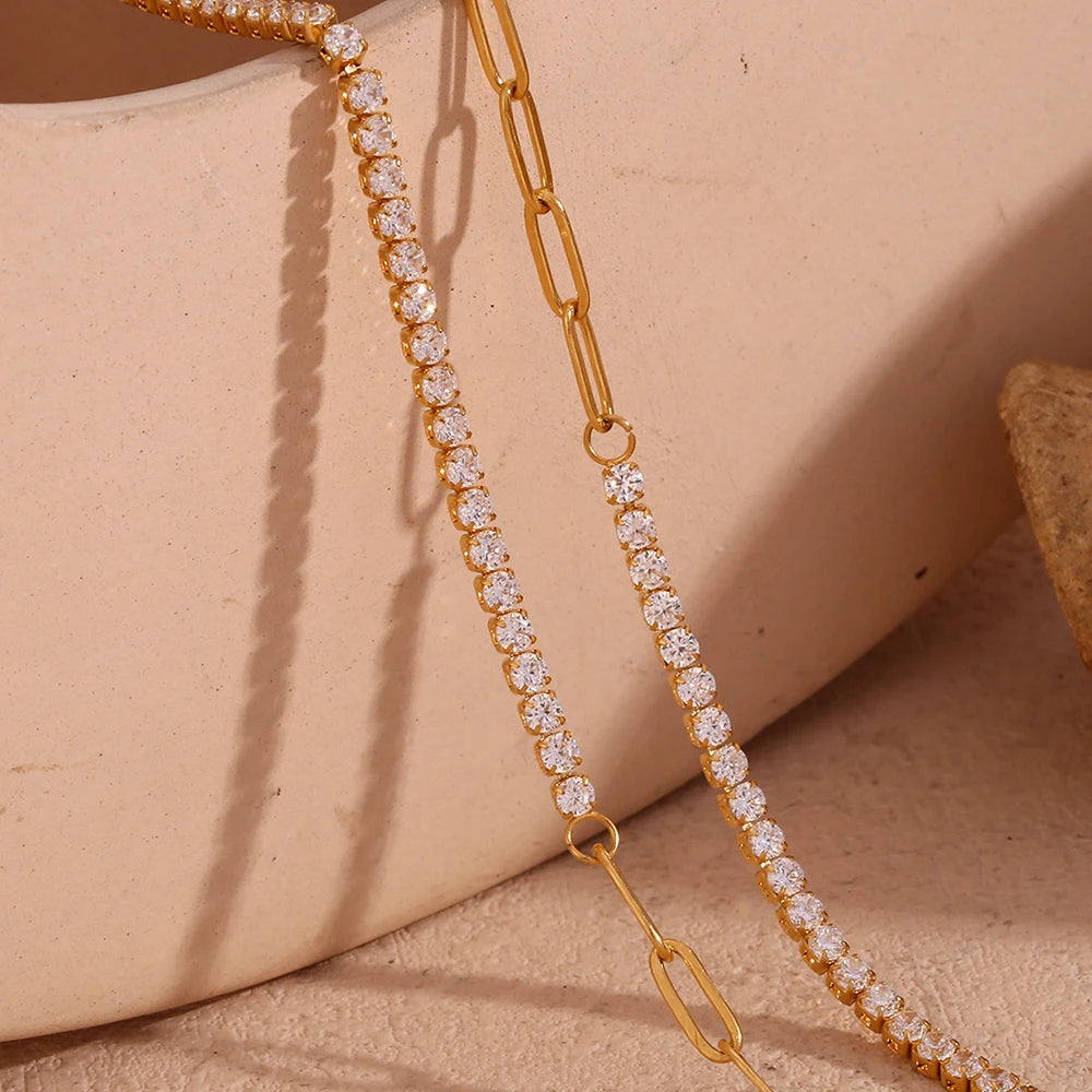 E.B.belle Zircon Chain Splicing Paper Clip Bracelet 18K Gold Plated Women's Earrings 316L Stainless Steel Accessories