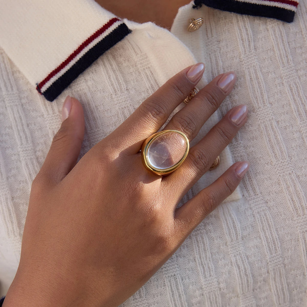 Uworld Klassischer Eiförmiger Transparenter Harzring Für Frauen 18K PVD Vergoldeter Edelstahlring Party Exquisiter Schmuck