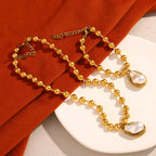E.B.belle 18K Gold Plated Irregular Pearl Pendant Jewelry Set Stainless Steel Baroque Style Party Women Bracelet Necklace