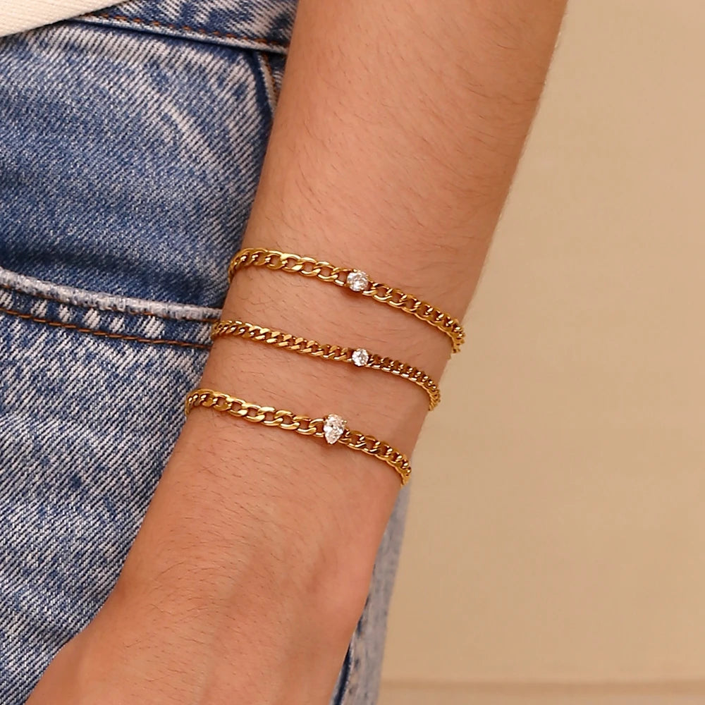 E.B.belle Round Water Drop Zircon Chain Bracelet Waterproof 316L Stainless Steel Accessories 18K Gold Plated Bracelet for Women