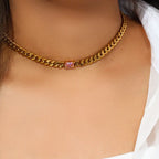 E.B.belle Shiny Water Drop Oval Rectangle Zircon Pendant Choker Necklace Gold Plated Stainless Steel Cuban Chain Woman Jewelry