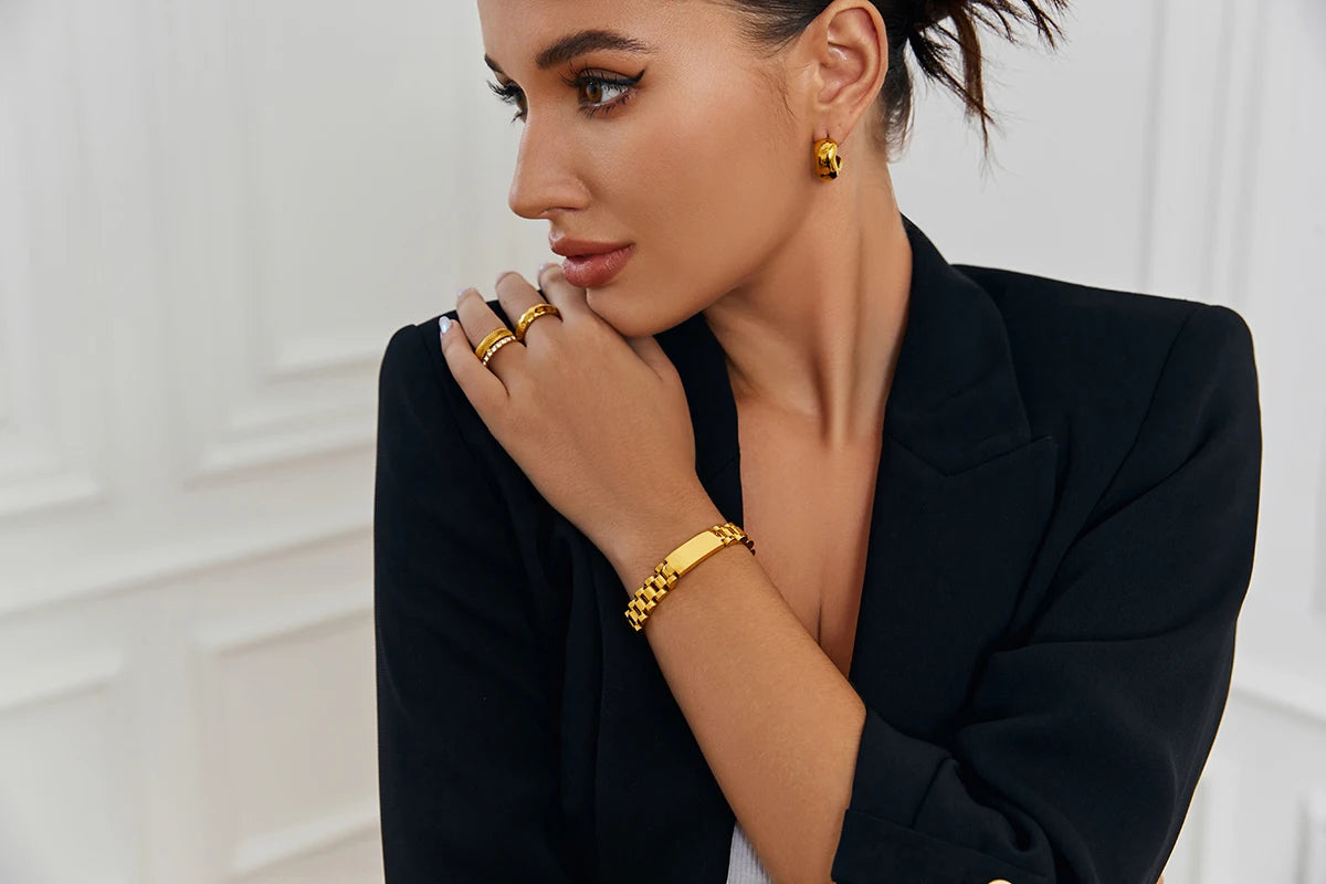 E.B.belle Oringinal Design Black White  3A Zircon Paved Watchband Wrist Bracelets For Women Stainless Steel Gold Plated Bangles