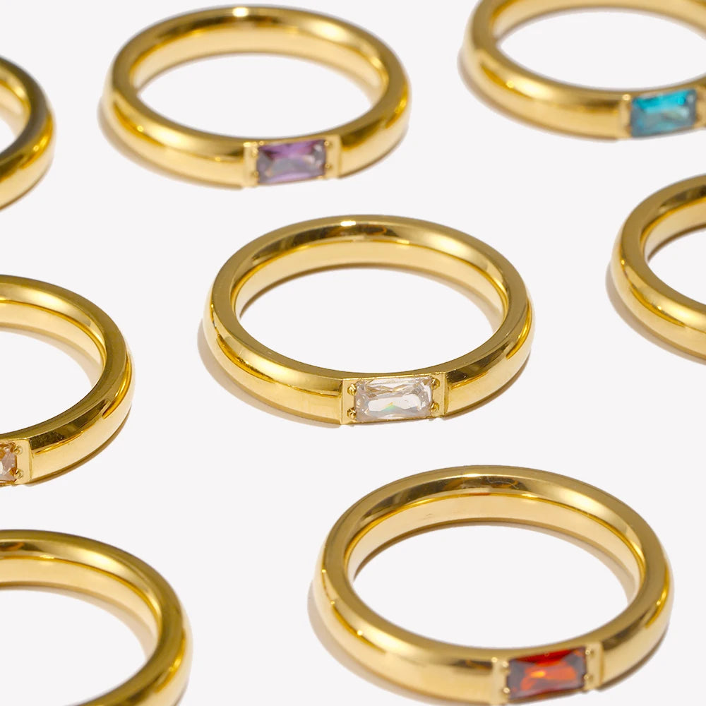 E.B.belle 18K Gold Plated Shiny 12 Colors Birthstone Ring Stainless Steel Gold Plated Zircon Rings Zodiac ConstellationFor Women